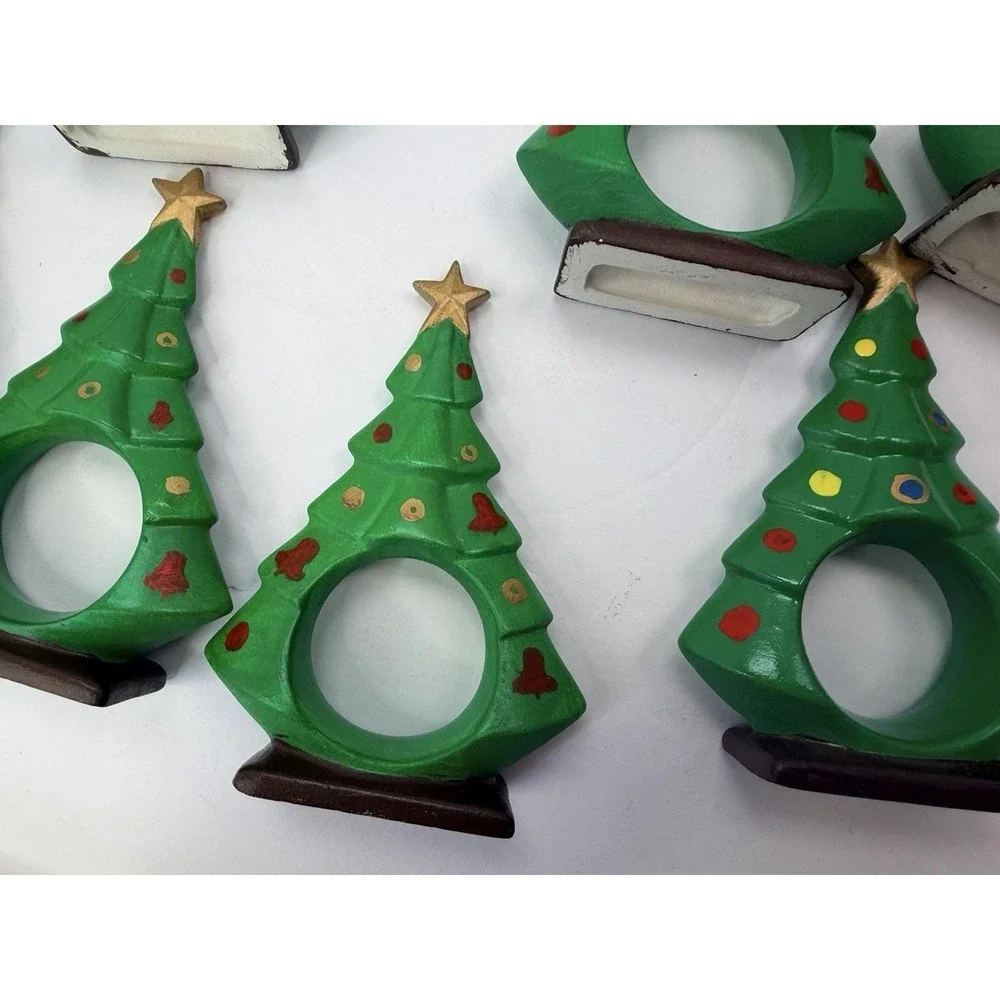 Hand painted Ceramic Christmas Tree Napkin Ring Holder Holiday Home Decor Lot 12